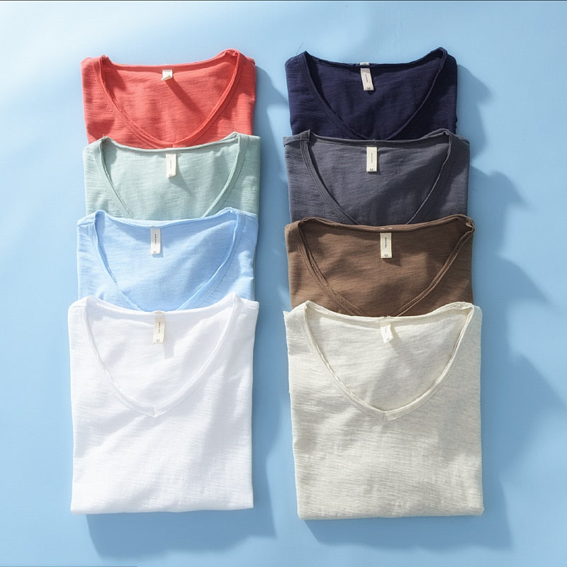 Camisa de lino y algodón para hombre con cuello en V