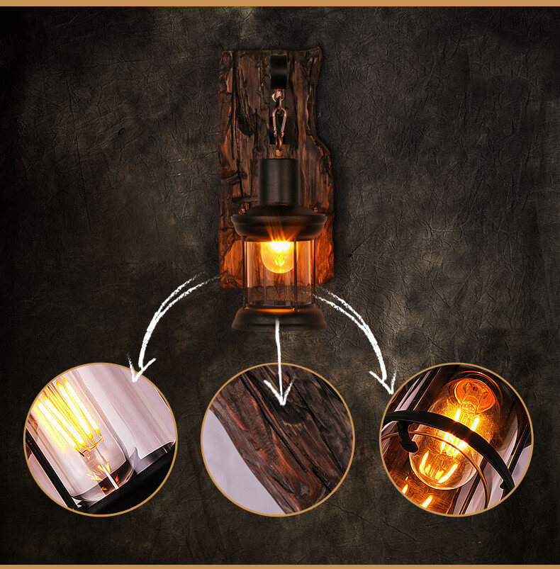 AquaChrono | Cylinder Wall Lamp with Glass, Iron and Wooden Base