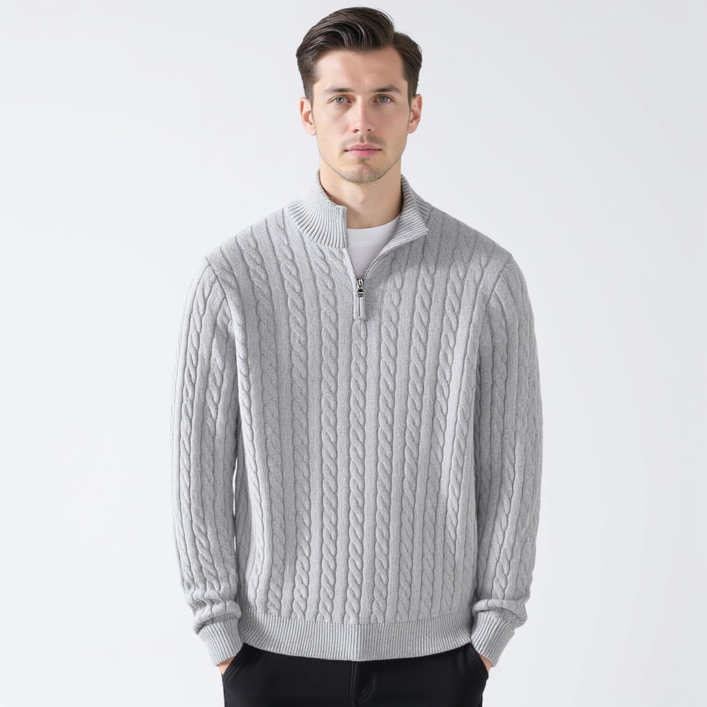 Herren Pullover-Set – kabelgestricktes Design mit halbem Reißverschluss und bequemer Passform