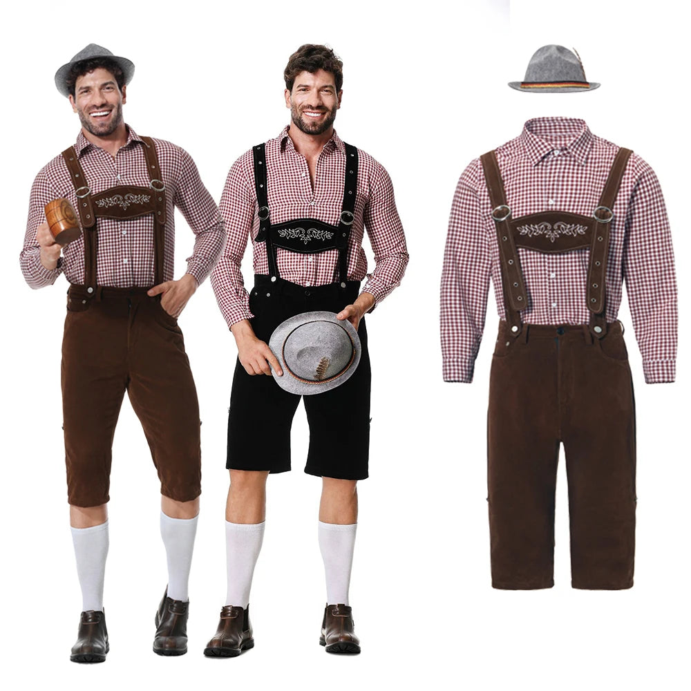 Revalki Lederhosen Kostuum Driedelig - Voor Heren met Geruit Overhemd en Hoed