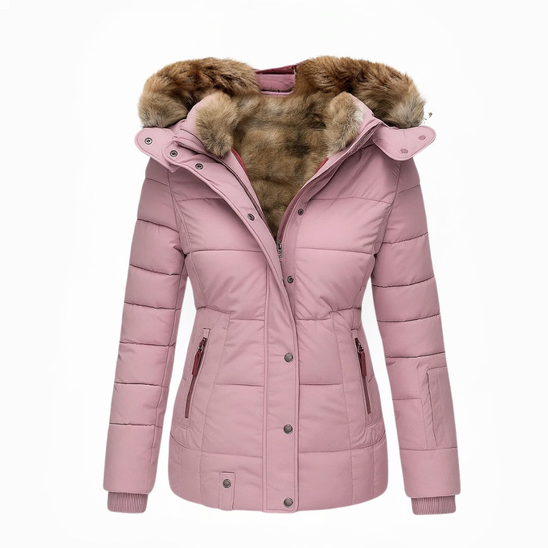 Dames winterjas – getailleerde parka met teddy-look kraag en capuchon