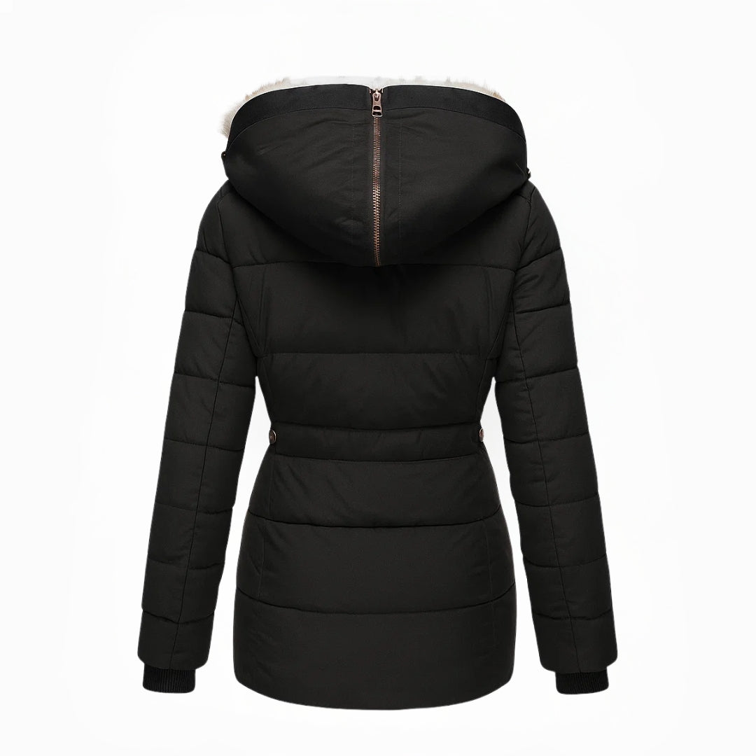 Dames winterjas – getailleerde parka met teddy-look kraag en capuchon
