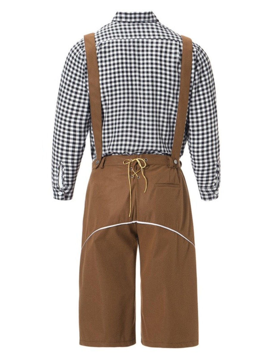 Herren Oktoberfest Kostümset – Lederoptik Hose mit Hosenträgern und kariertem Hemd  