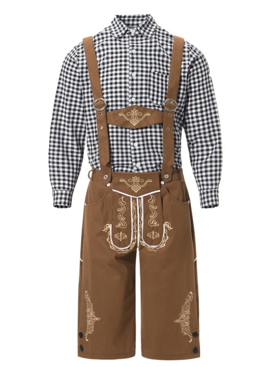 Herren Oktoberfest Kostümset – Lederoptik Hose mit Hosenträgern und kariertem Hemd  