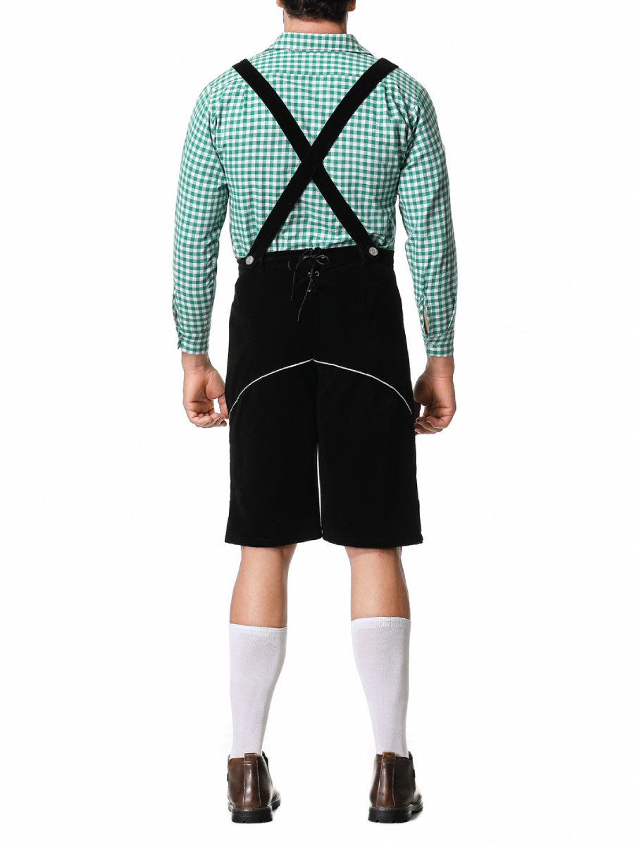 Herren Oktoberfest Kostümset – Lederoptik Hose mit Hosenträgern und kariertem Hemd  
