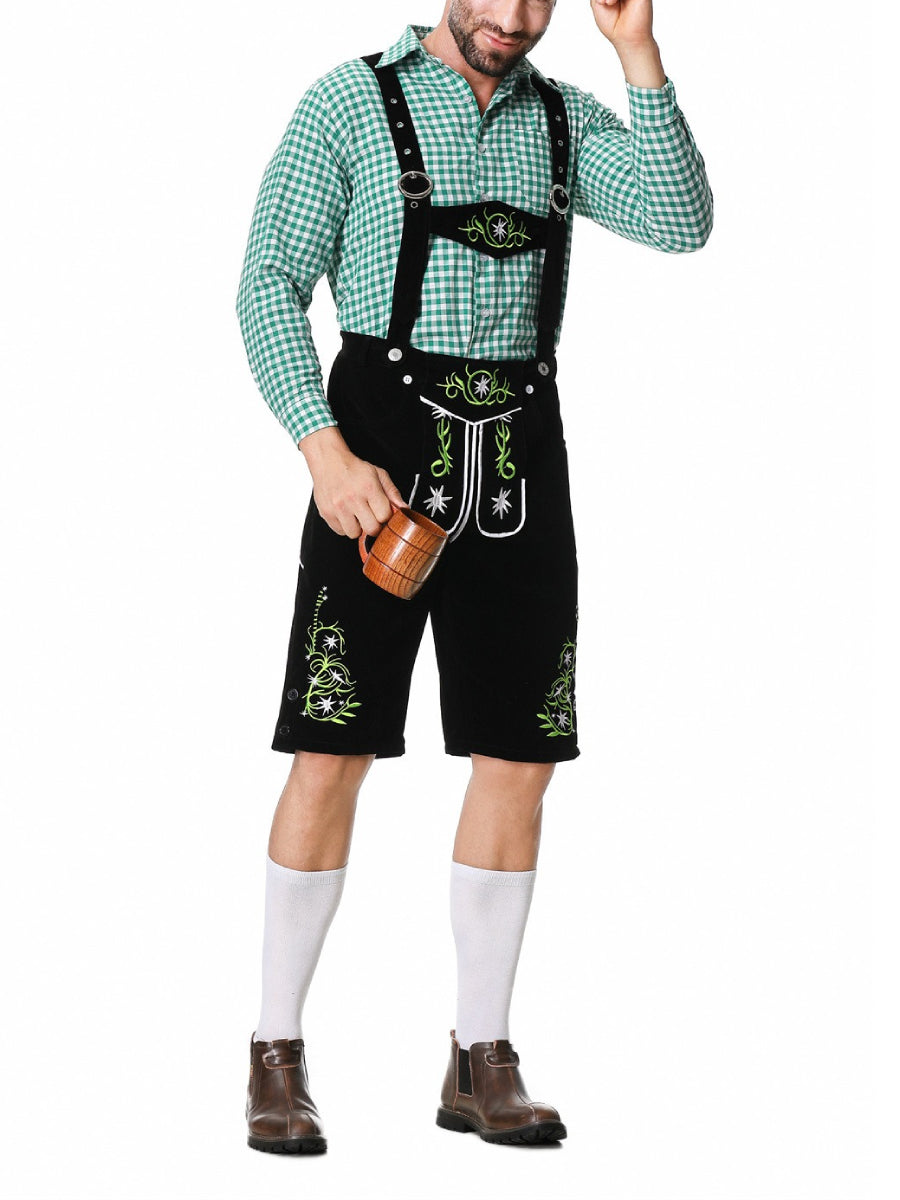 Herren Oktoberfest Kostümset – Lederoptik Hose mit Hosenträgern und kariertem Hemd  
