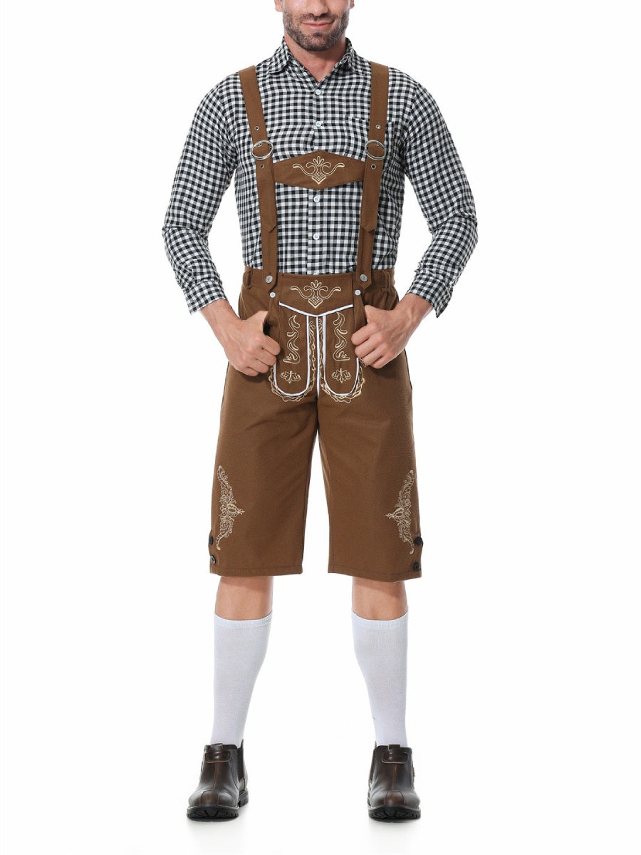 Herren Oktoberfest Kostümset – Lederoptik Hose mit Hosenträgern und kariertem Hemd  