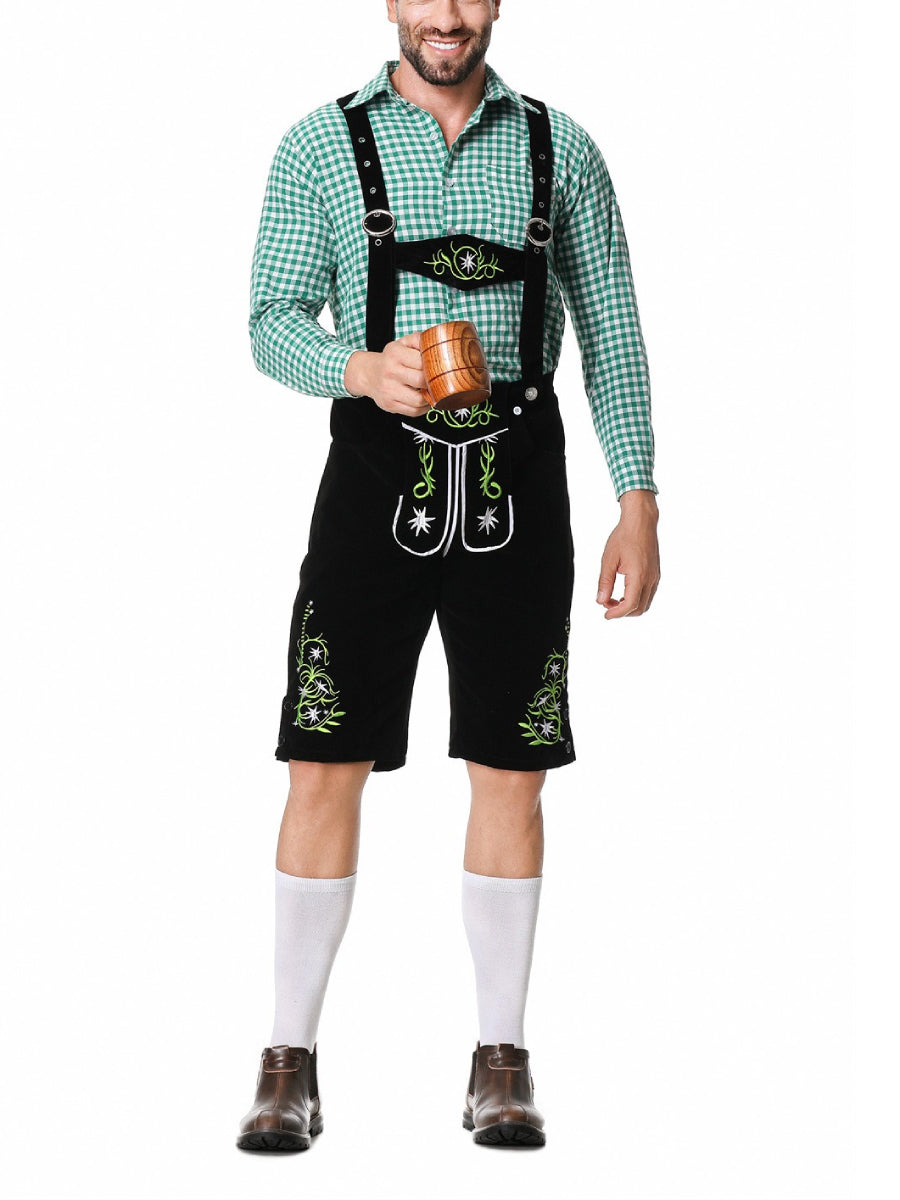 Herren Oktoberfest Kostümset – Lederoptik Hose mit Hosenträgern und kariertem Hemd  