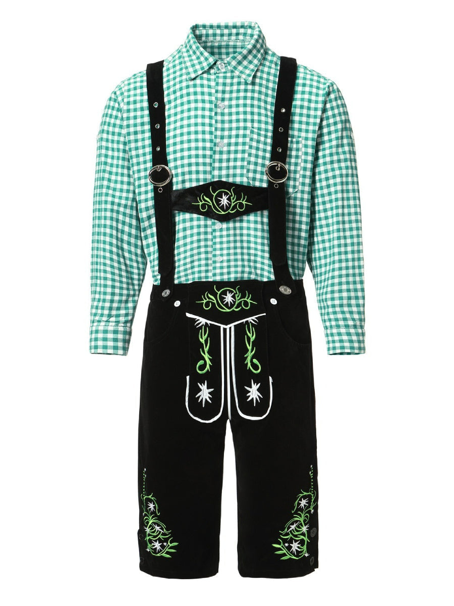 Herren Oktoberfest Kostümset – Lederoptik Hose mit Hosenträgern und kariertem Hemd  