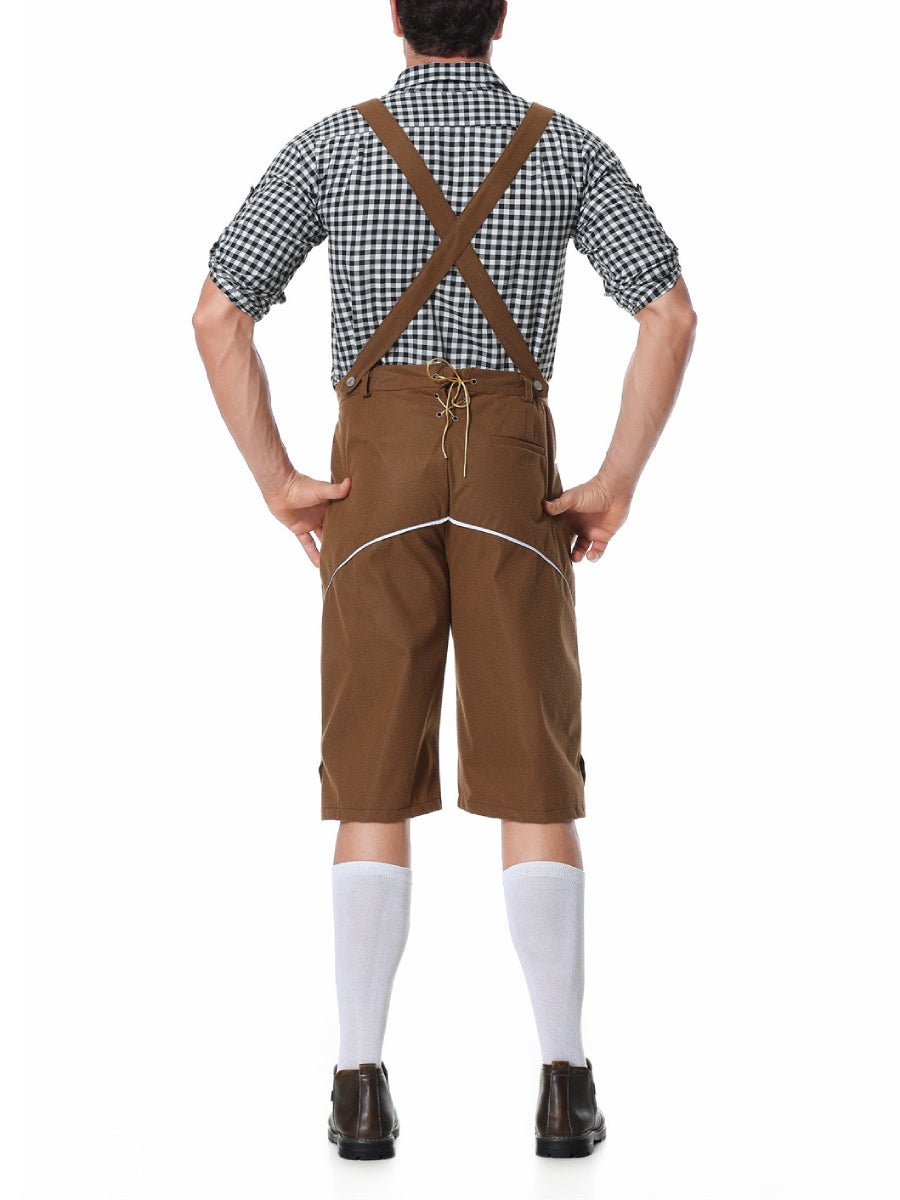 Herren Oktoberfest Kostümset – Lederoptik Hose mit Hosenträgern und kariertem Hemd  