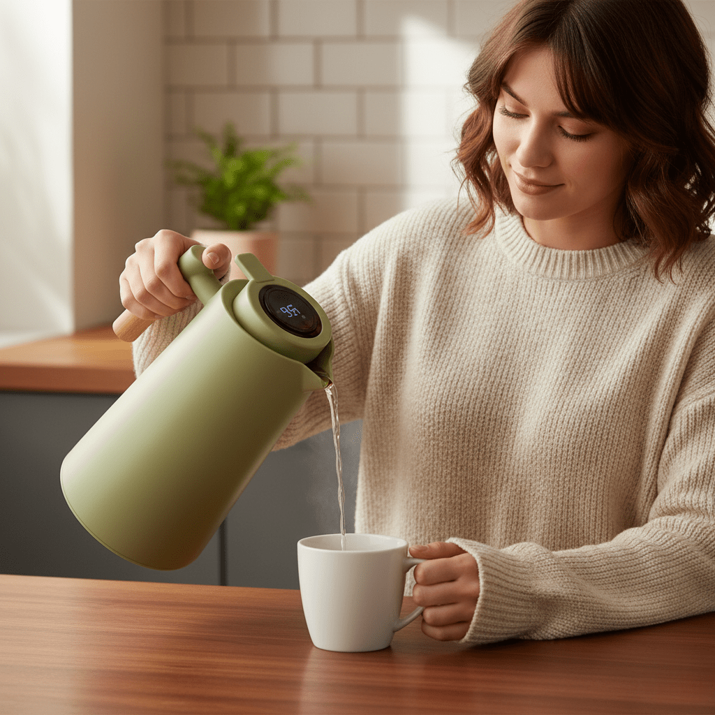 Thermoskan – Dubbelwandige Isolatie, Temperatuurdisplay in Deksel & Houten Greep