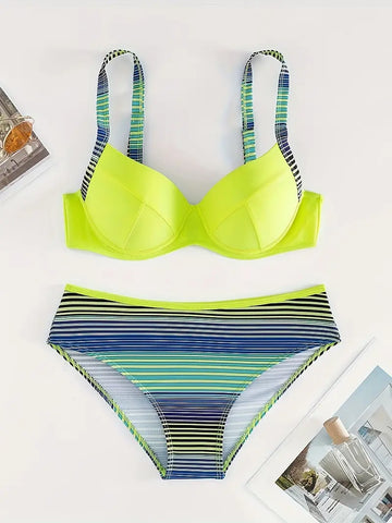 Revalki Adi | Two-piece bikini set for women with neon green stripe pattern