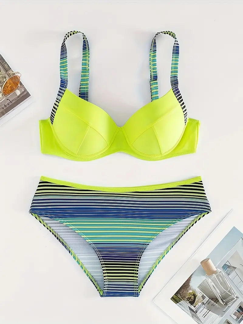 Revalki Adi | Two-piece bikini set for women with neon green stripe pattern