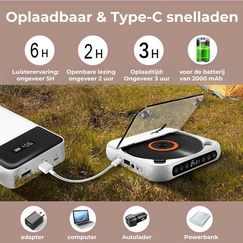Portable CD Speler – Bluetooth Muziekspeler met Oplaadbare Batterij en Koptelefoonaansluiting