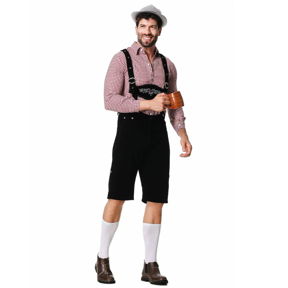 Revalki Lederhosen Kostuum Driedelig - Voor Heren met Geruit Overhemd en Hoed