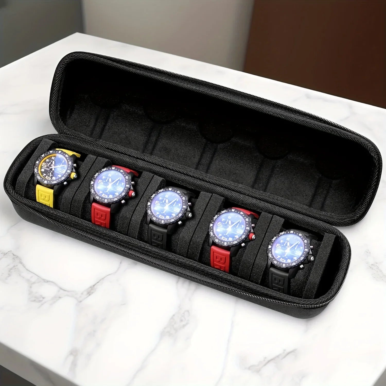5-Grid Hard Shell Watch Organizer - Portable Travel Case for Men's Watches 4