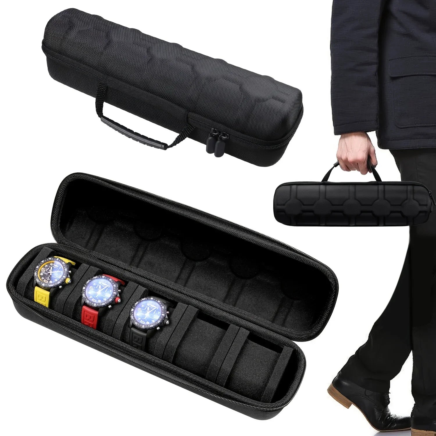 5-Slot Hard Shell Watch Case with Pillow Inserts for Travel and Storage 1