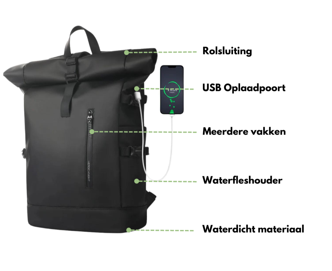 Mochila Rolltop – Resistente á auga con USB e compartimento para portátil – Capacidade de 27L