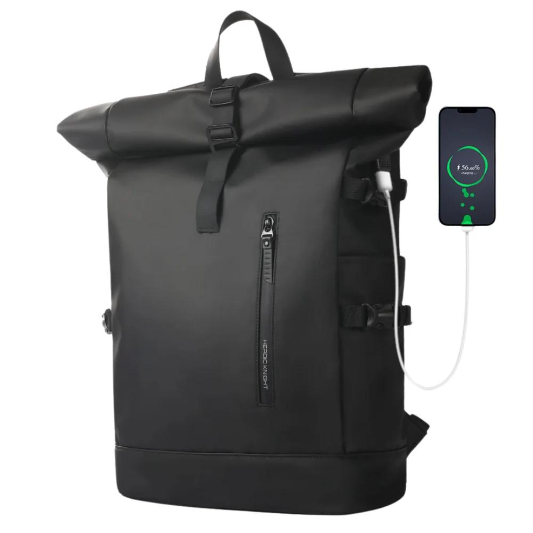 Mochila Rolltop – Resistente á auga con USB e compartimento para portátil – Capacidade de 27L