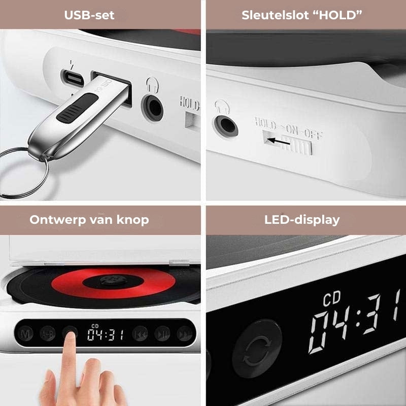 Portable CD Speler – Bluetooth Muziekspeler met Oplaadbare Batterij en Koptelefoonaansluiting