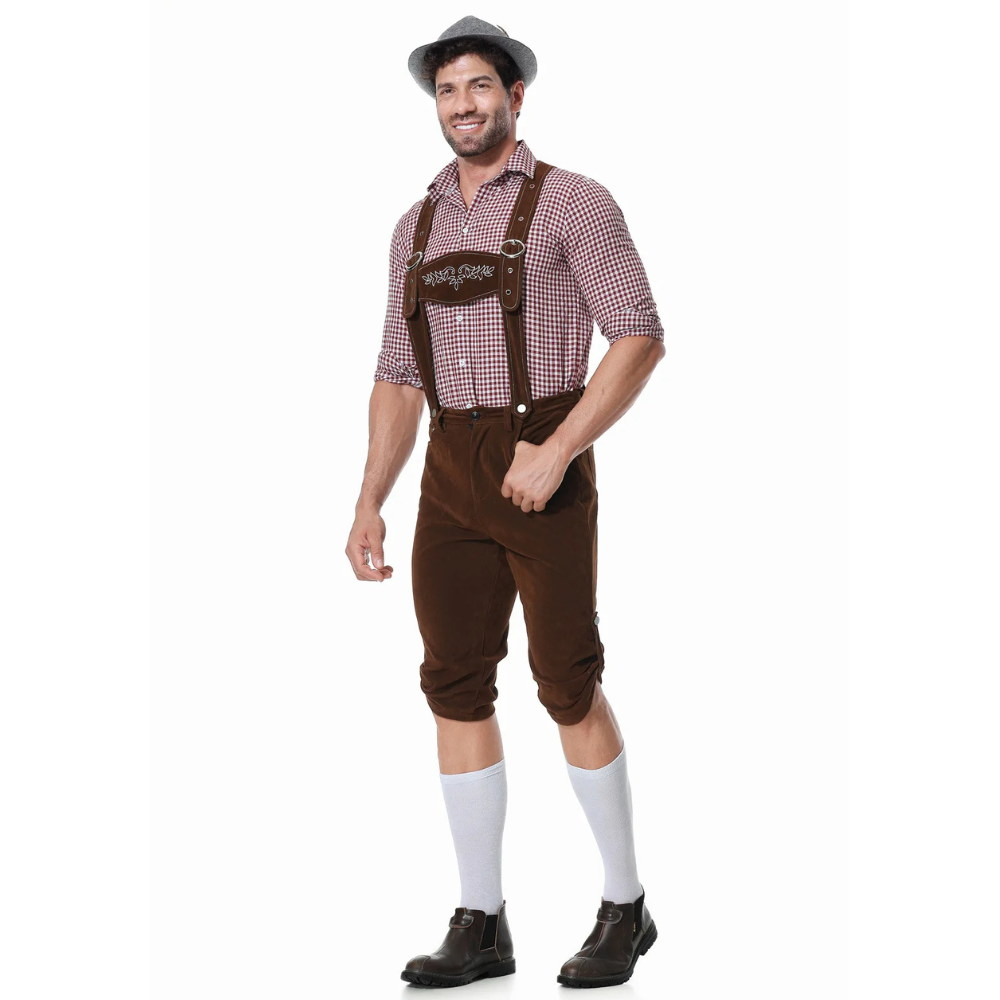 Revalki Lederhosen Kostuum Driedelig - Voor Heren met Geruit Overhemd en Hoed