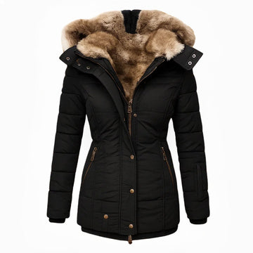 Dames winterjas – getailleerde parka met teddy-look kraag en capuchon