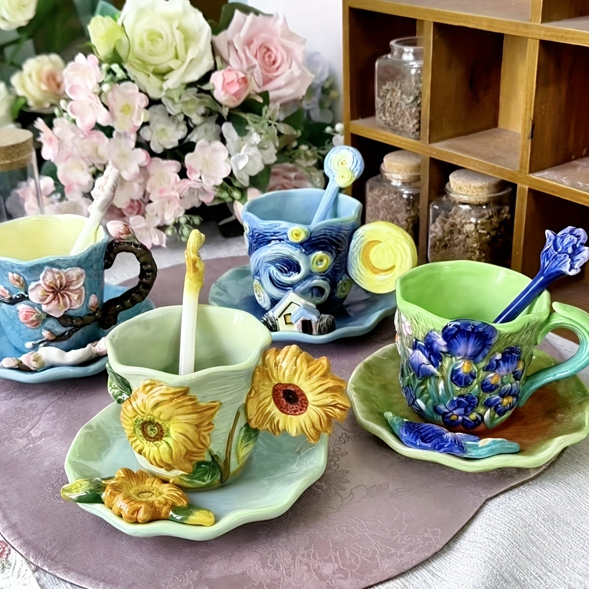 ArtSip Keramische Kop & Schotel Set – Handgeschilderd 3D Design geïnspireerd op Van Gogh Vestragear