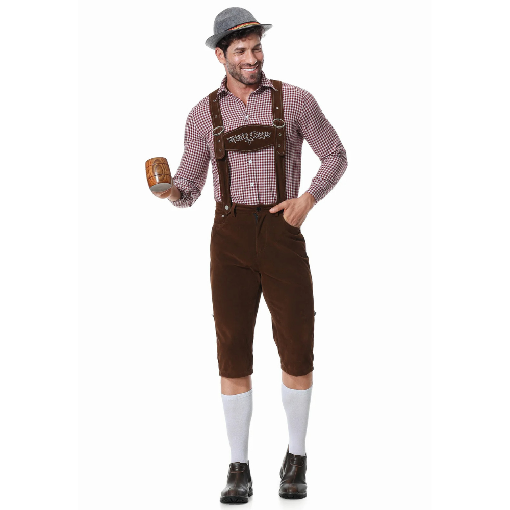 Revalki Lederhosen Kostuum Driedelig - Voor Heren met Geruit Overhemd en Hoed