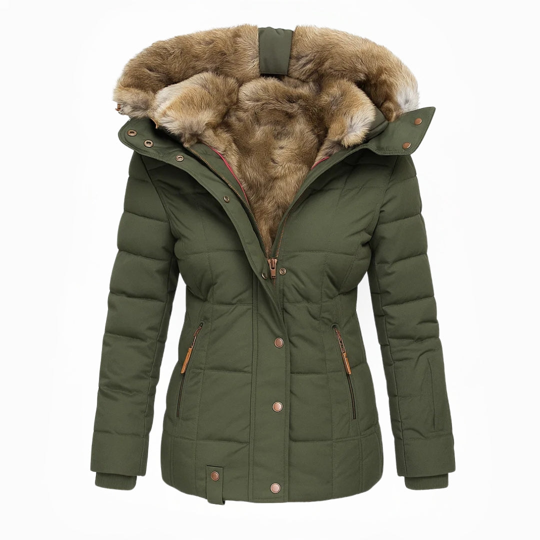 Dames winterjas – getailleerde parka met teddy-look kraag en capuchon