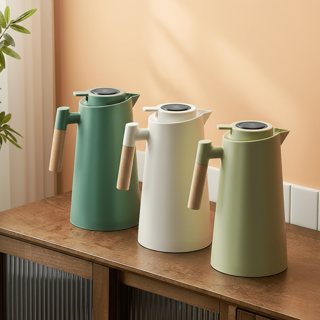 Thermoskan – Dubbelwandige Isolatie, Temperatuurdisplay in Deksel & Houten Greep
