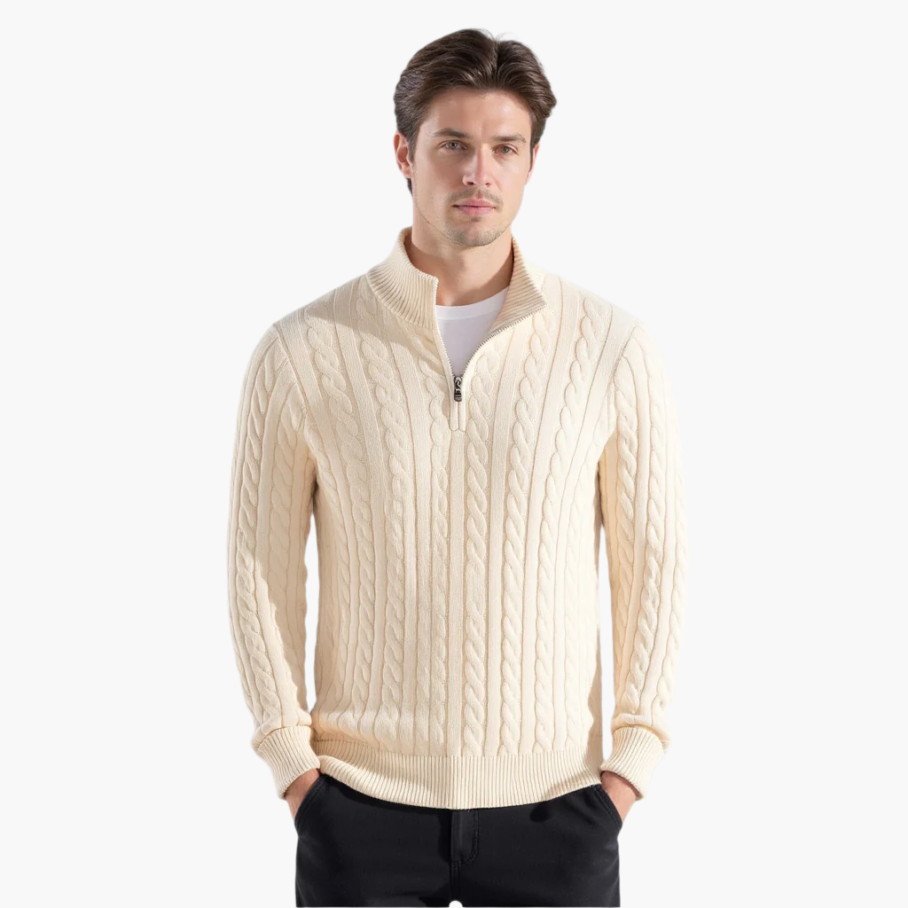 Herren Pullover-Set – kabelgestricktes Design mit halbem Reißverschluss und bequemer Passform