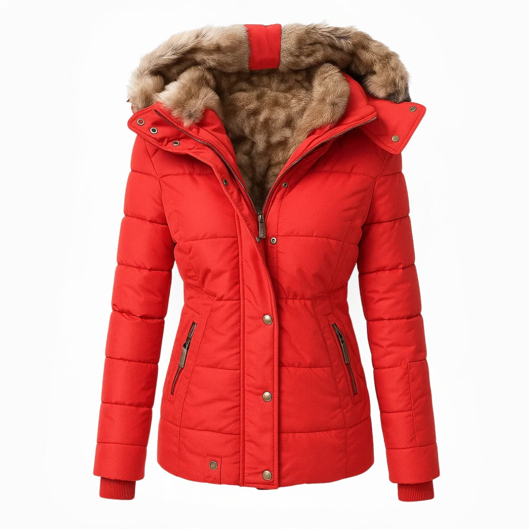 Dames winterjas – getailleerde parka met teddy-look kraag en capuchon