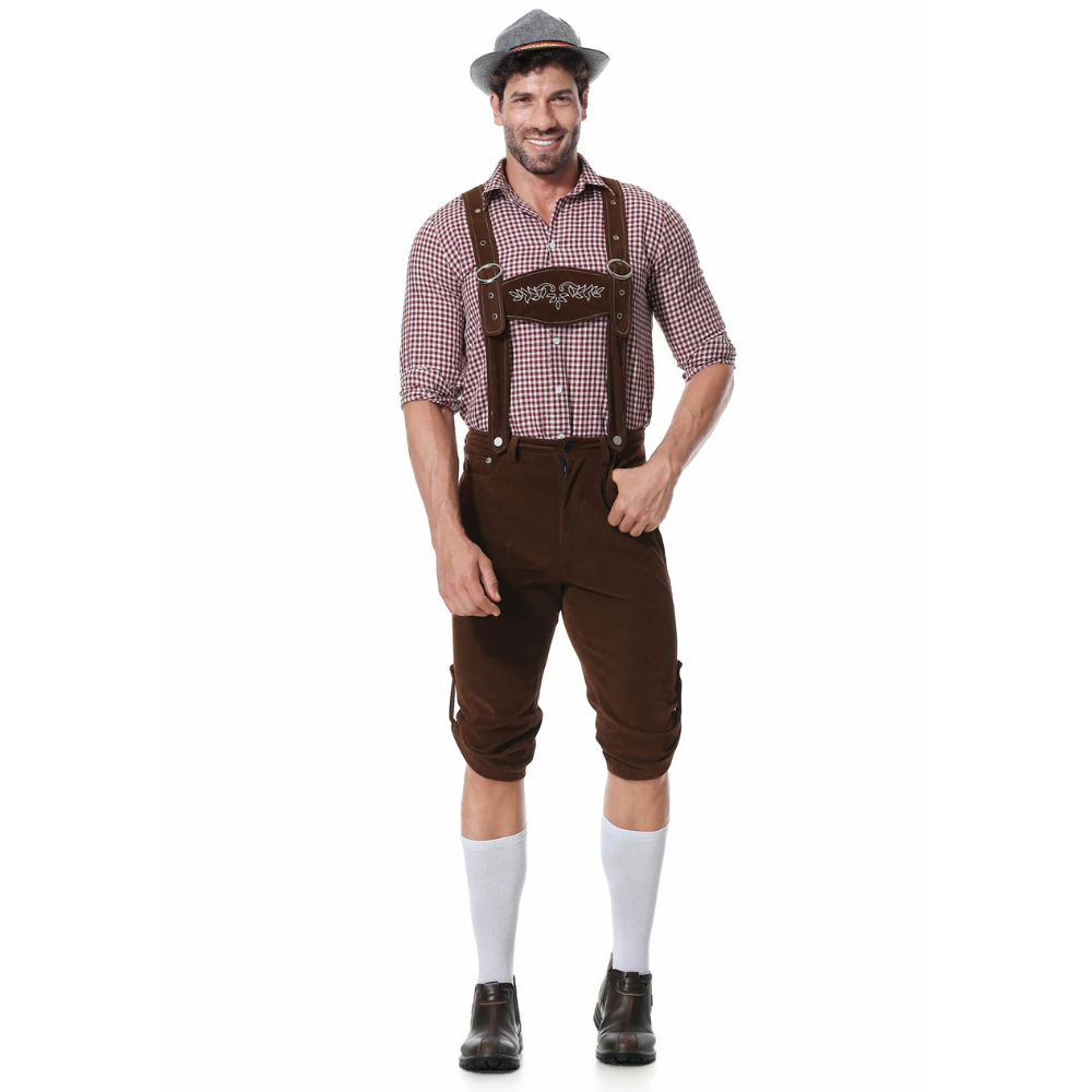 Revalki Lederhosen Kostuum Driedelig - Voor Heren met Geruit Overhemd en Hoed