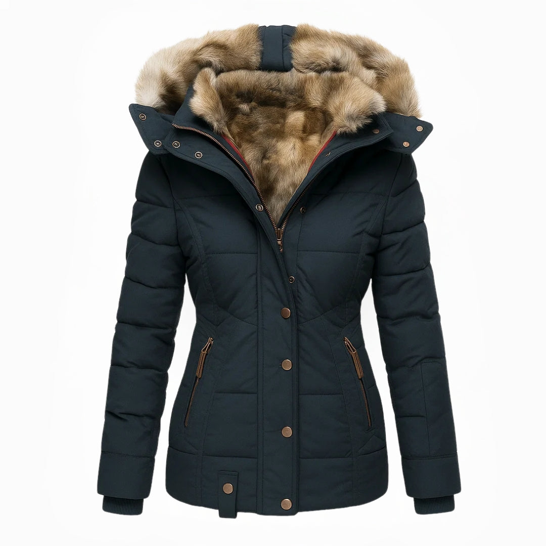 Dames winterjas – getailleerde parka met teddy-look kraag en capuchon