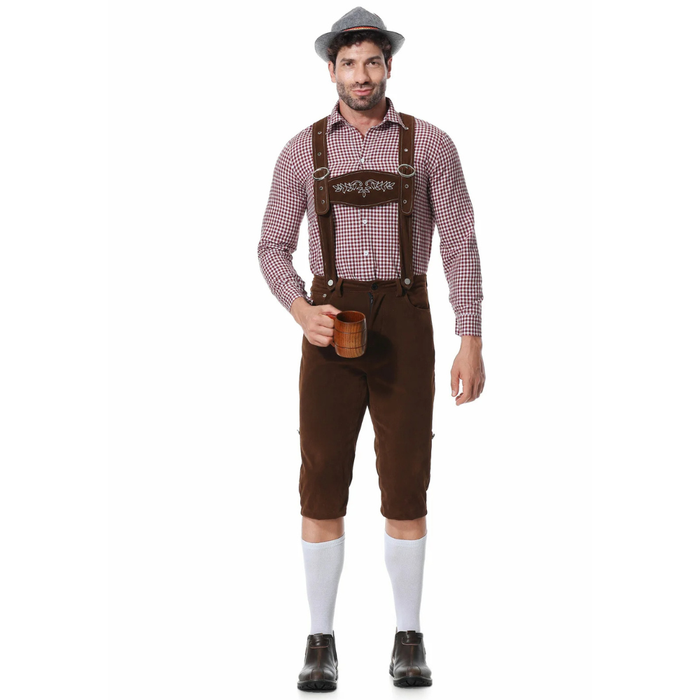 Revalki Lederhosen Kostuum Driedelig - Voor Heren met Geruit Overhemd en Hoed