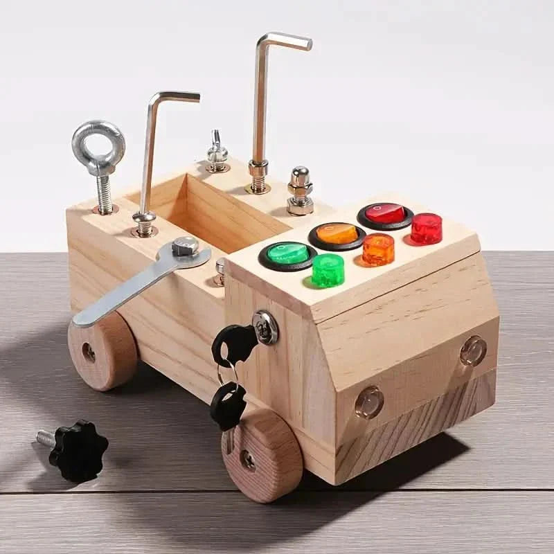 Montessori Play Board – Wooden Activity Board with LED Lights, Locks & Switches