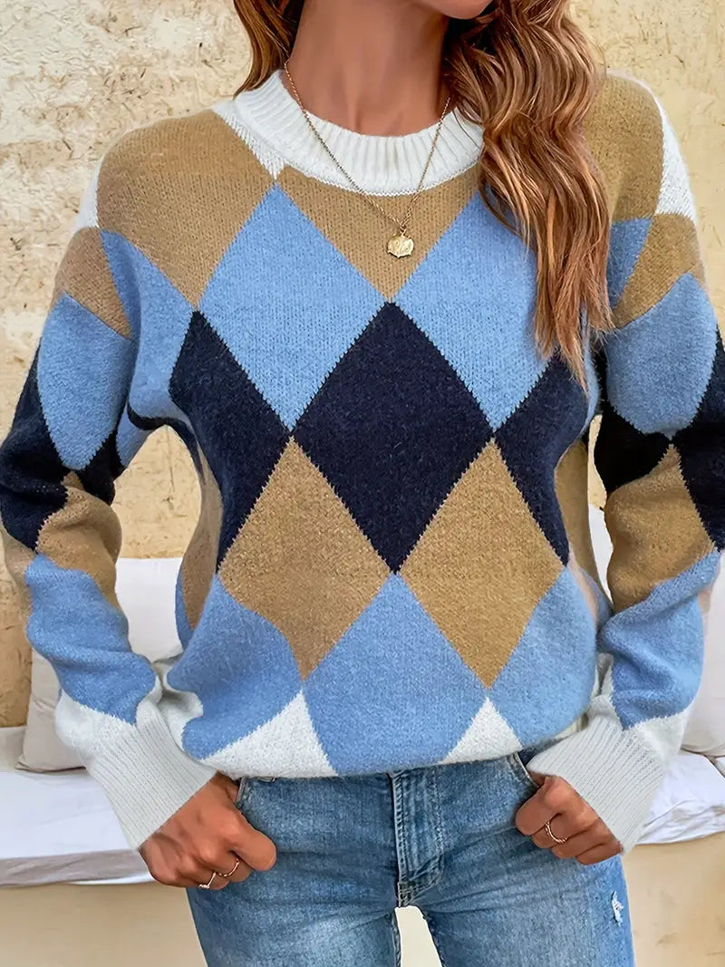 Nancy | Suéter de cuello redondo con patrón de cuadros para una elegancia atemporal