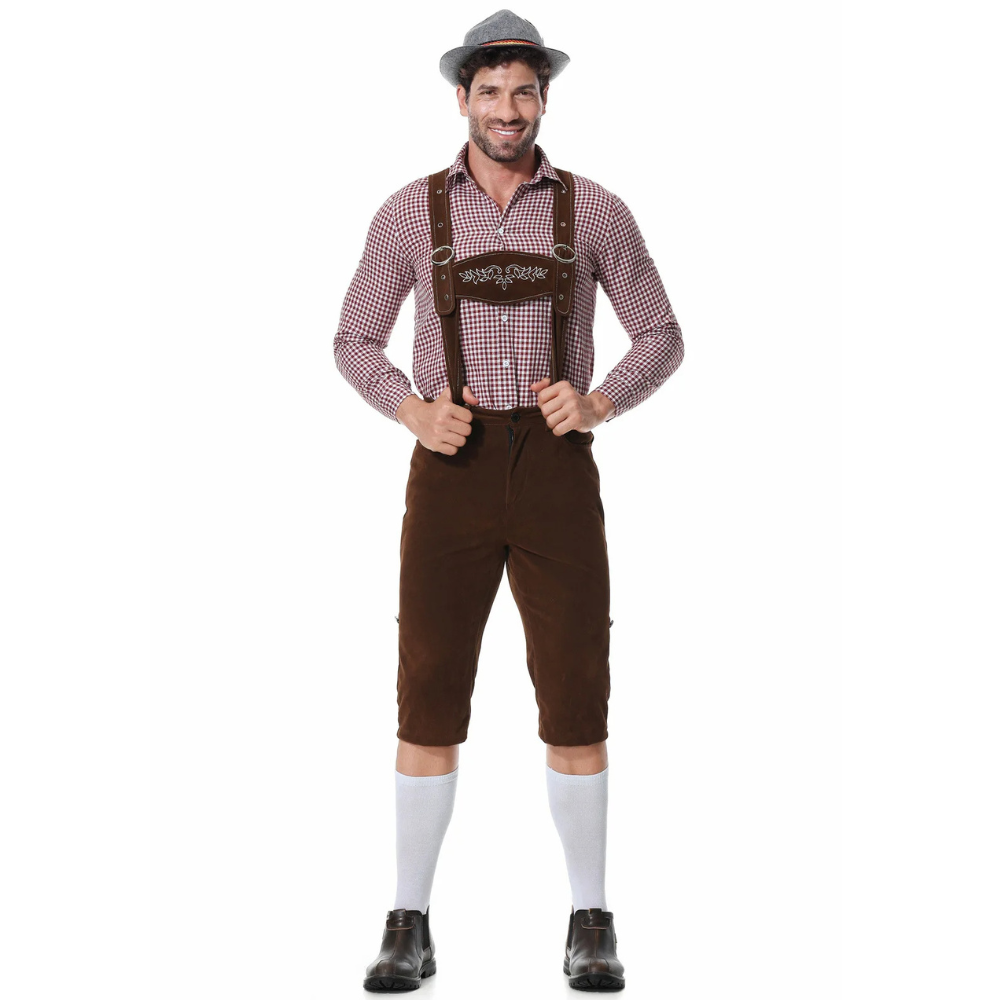 Revalki Lederhosen Kostuum Driedelig - Voor Heren met Geruit Overhemd en Hoed