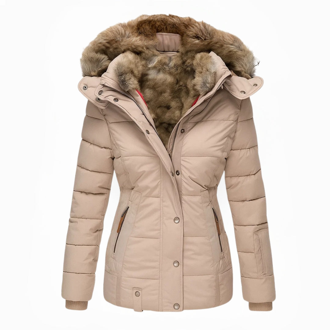 Dames winterjas – getailleerde parka met teddy-look kraag en capuchon