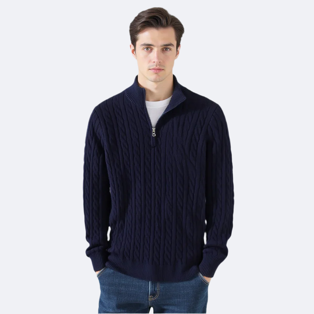 Herren Pullover-Set – kabelgestricktes Design mit halbem Reißverschluss und bequemer Passform