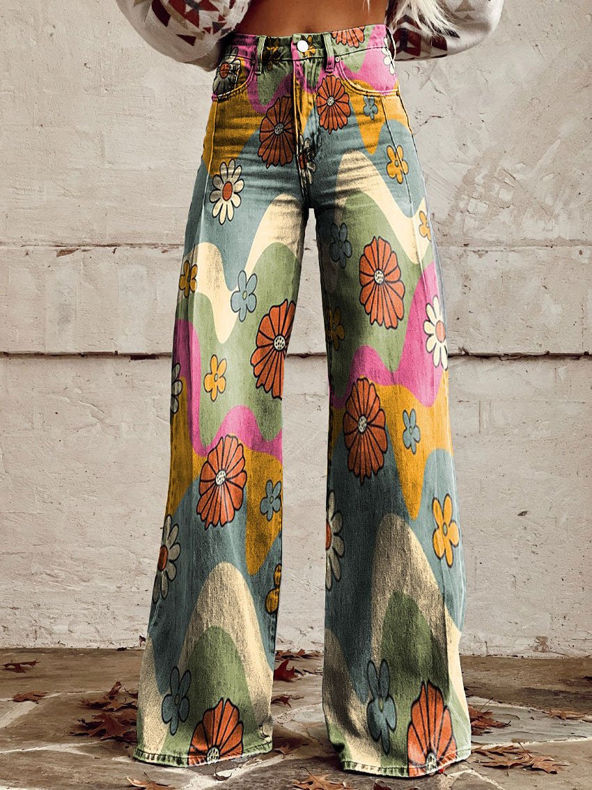 Vintage Wide Leg Bloemenbroek – Comfortabele Flared Damespants Vestragear