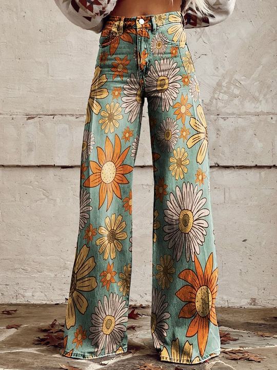 Vintage Wide Leg Bloemenbroek – Comfortabele Flared Damespants Vestragear