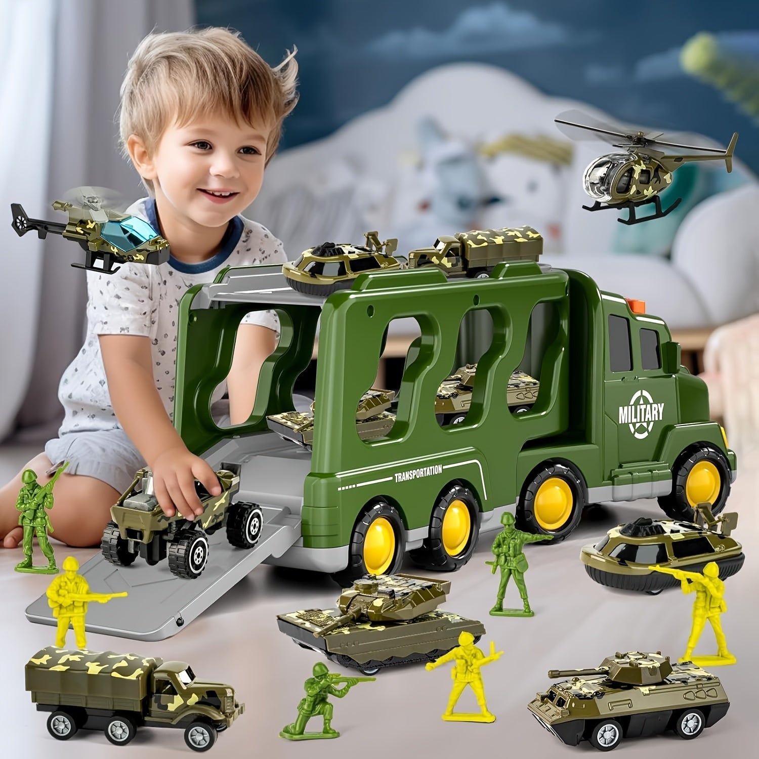 BattleHero– Set de Juguetes Militares con Sonido, Camión y Tanques para Niños desde 3 años
