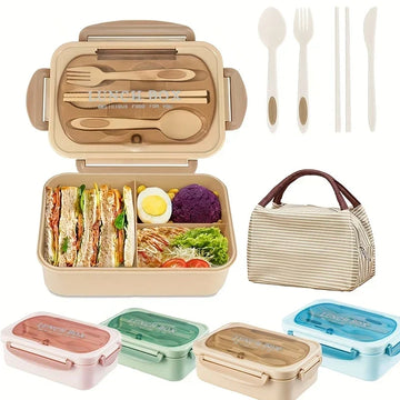 Bento Box für Erwachsene mit 3 Fächern und Besteckset, spülmaschinenfest 0
