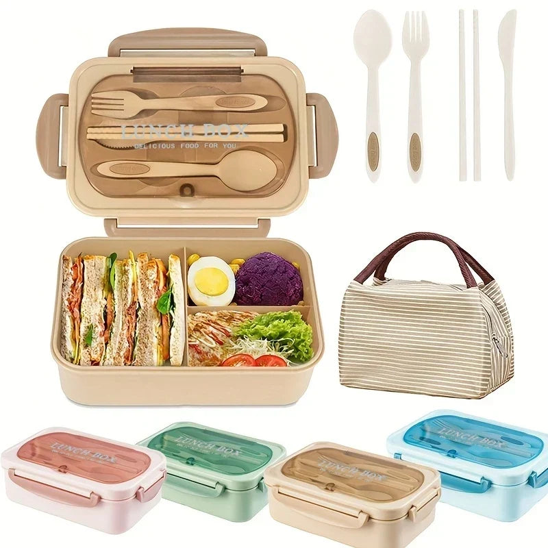 Bento Box für Erwachsene mit 3 Fächern und Besteckset, spülmaschinenfest 0