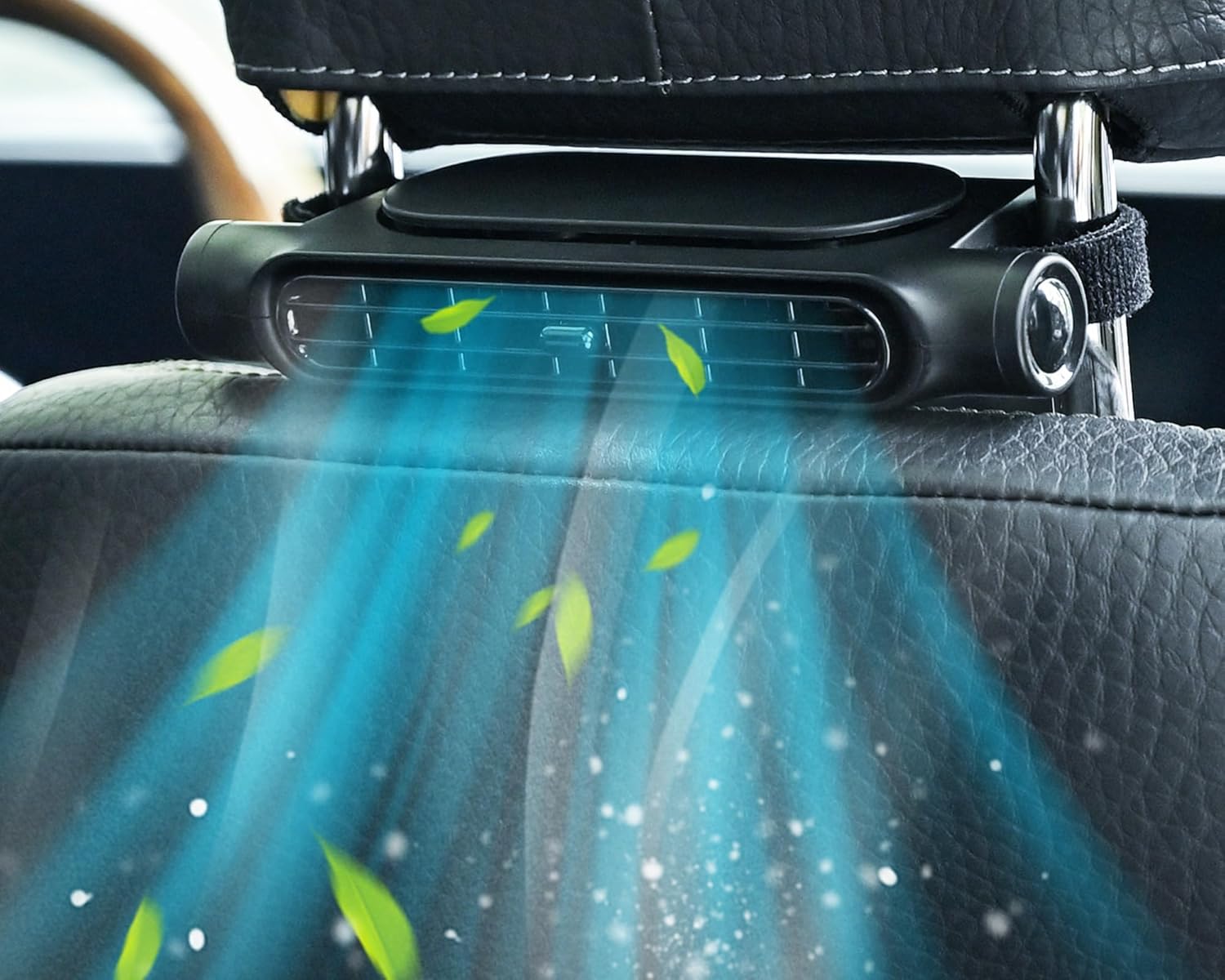 Bladloze USB-ventilator voor auto met 3 snelheden en hoofdsteunbevestiging 6
