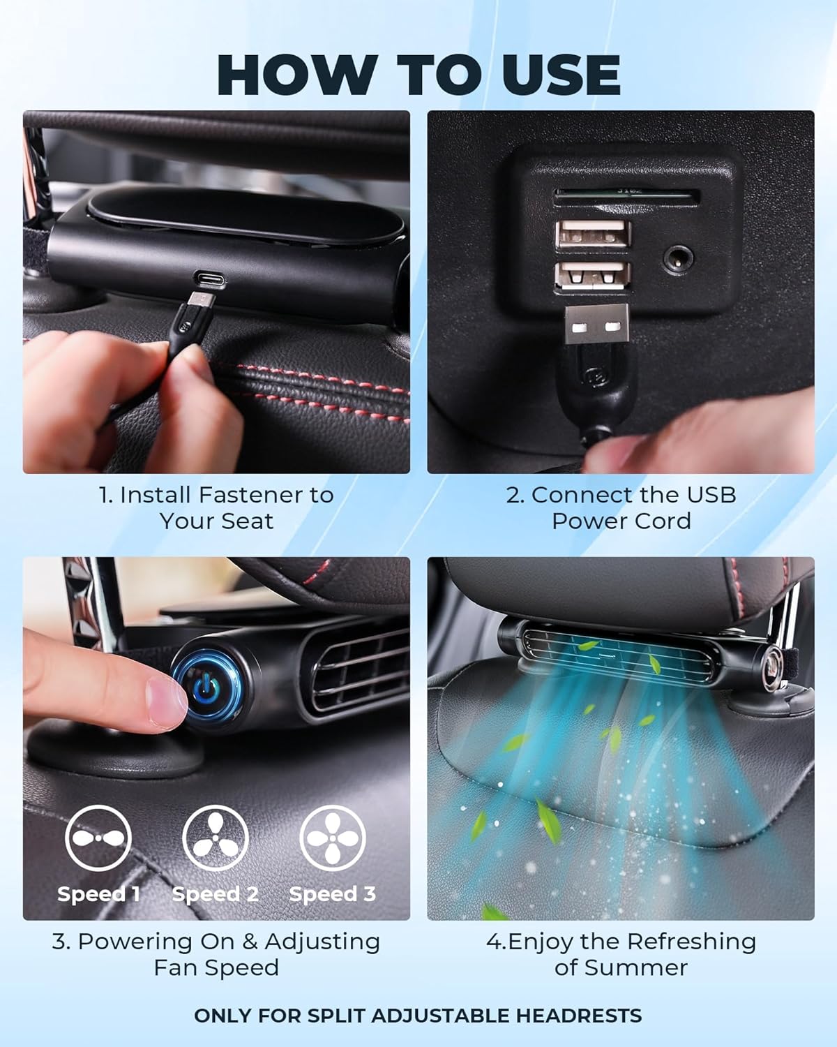 Bladloze USB-ventilator voor auto met 3 snelheden en hoofdsteunbevestiging 8