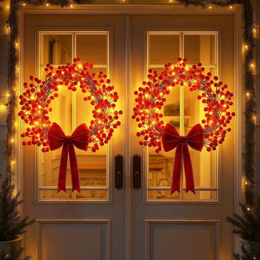 Verlichte deurkrans – rode besjes met warmgouden lichtjes voor voordeur en wand