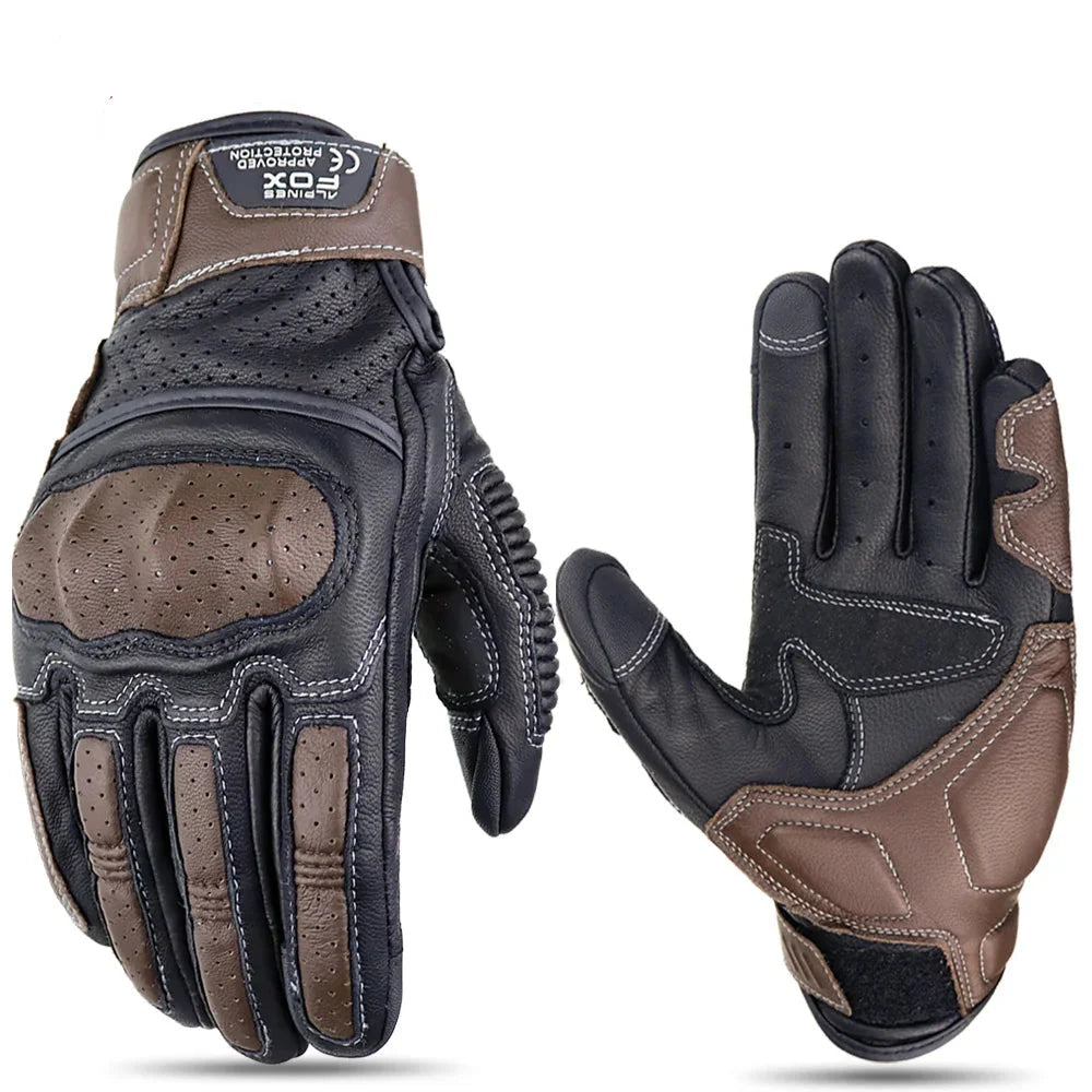 Bruine Vintage Leren Motorhandschoenen Heren met Touchscreen en Knokkelbescherming 0