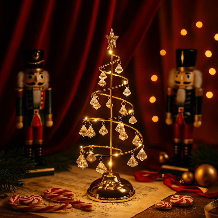 Verlichte kerstboom voor op tafel – open spiraal met glinsterende ornamenten